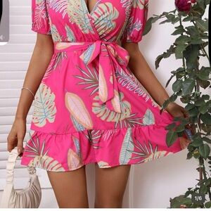 SHEIN Hot Pink Tropical Leaf Wrap Mini Dress